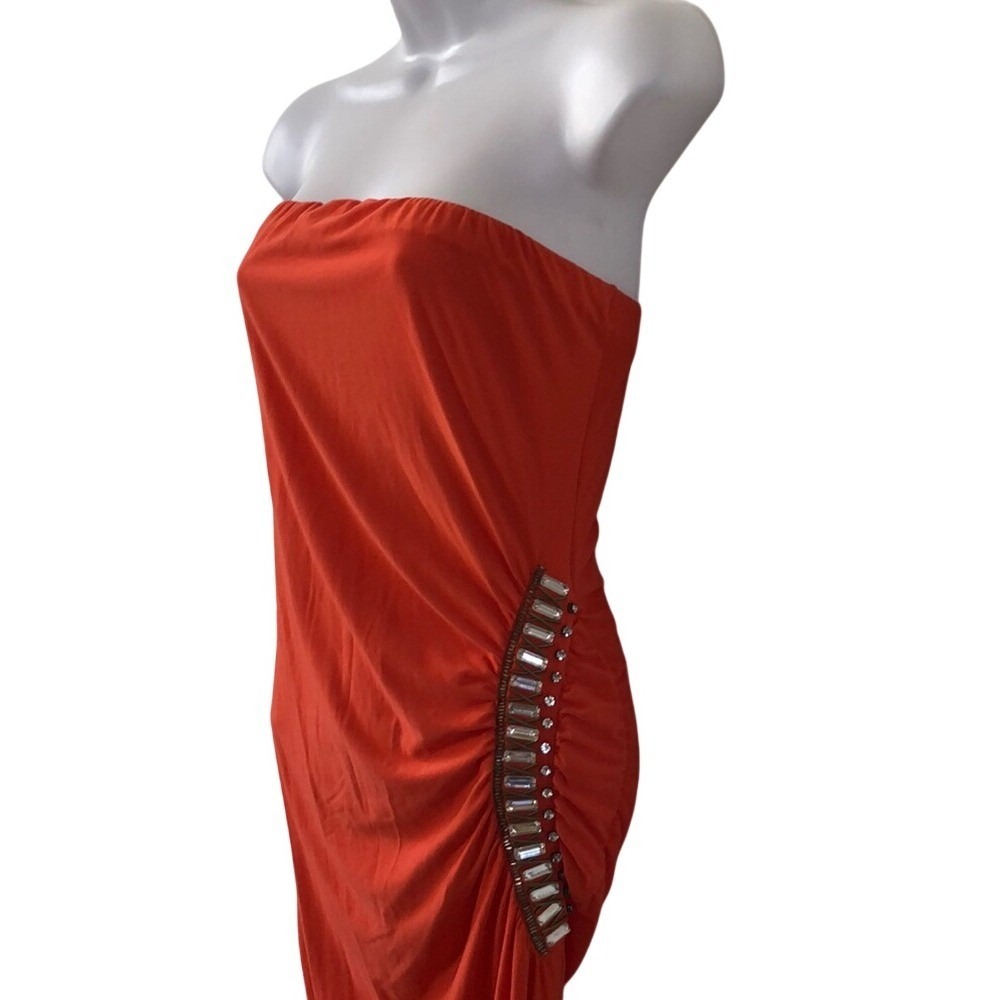Sapa‎ Orange Strapless Ruched Side Crystal Embellished Bodycon Midi Dress Large